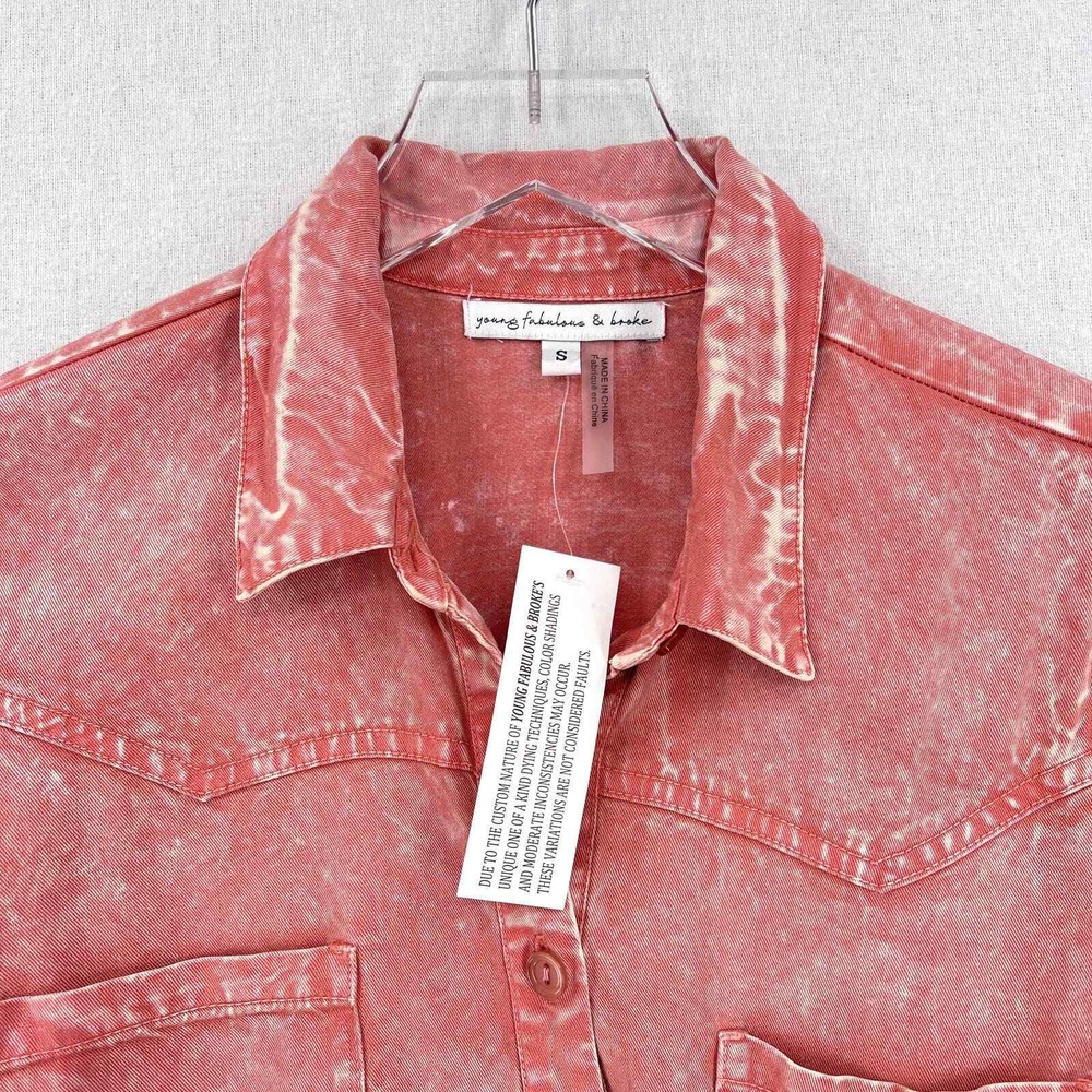 YOUNG FABULOUS BROKE Midi Dress Women Small Pink Acid Wash Ruched Western Shirt - Picture 9 of 16